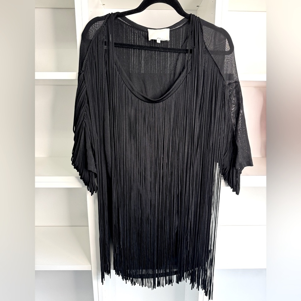 3.1 PHILLIP LIM Black Fringe Short Sleeve Mini Dress Dize Medium